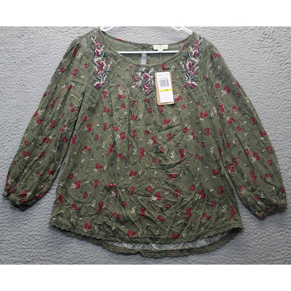 Mason & Belle Blouse Womens Medium Multi Floral Lace Trin Balloon Sleeve Pleated